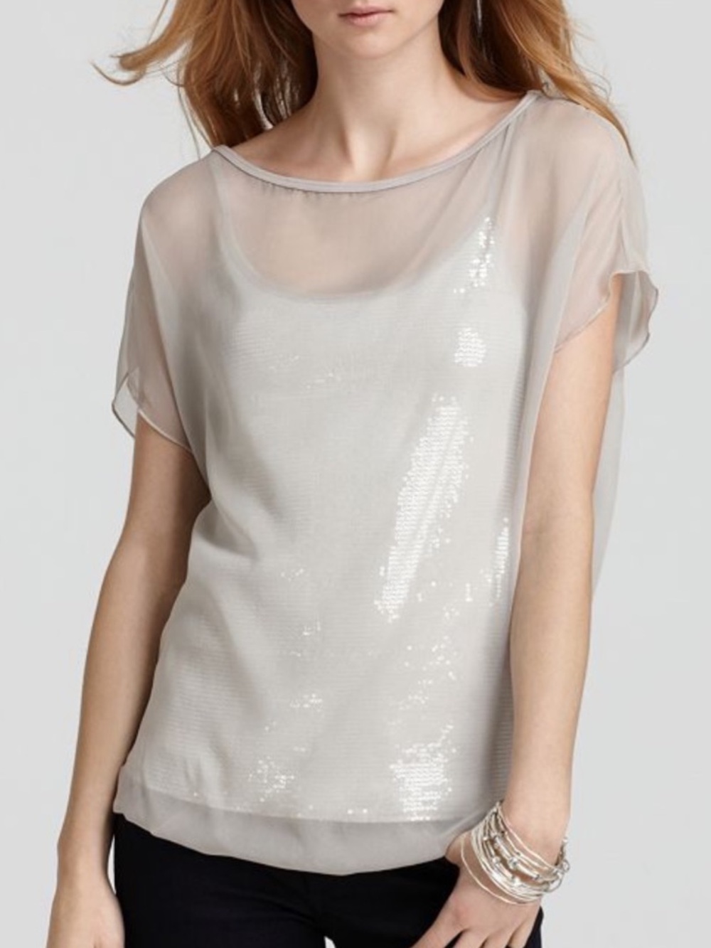Bailey 44 Women's Sequin Embellished Layered Top Silver Size Large